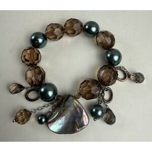 Mother Of Pearl Womens Brown Faceted Bead Teal Faux Pearl Charm Stretch Bracelet